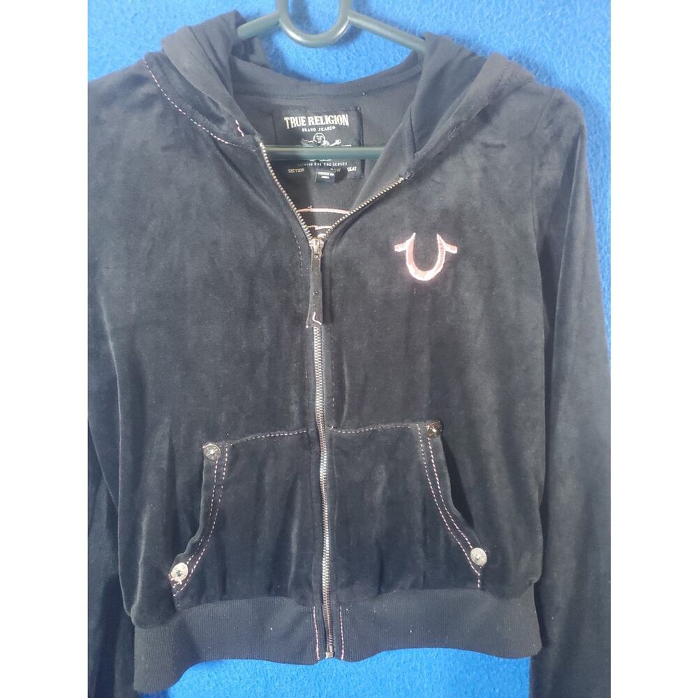 True Religion Womens Velour Zip Up Hoodie Black Pink Crystal Buddha Shrunken XS - Picture 14 of 16